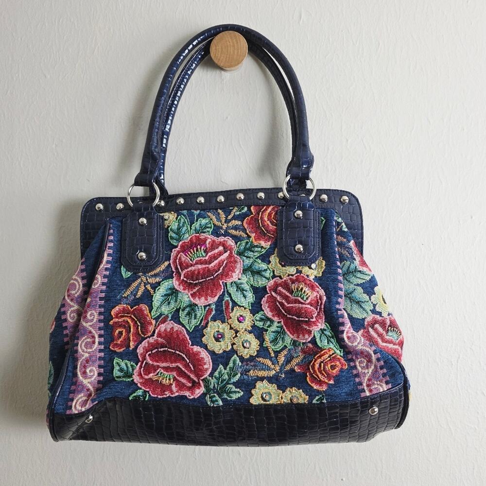 Mod X Navy Blue Floral Tapestry Embroidered Shoulder Bag Tote Silver Studded L